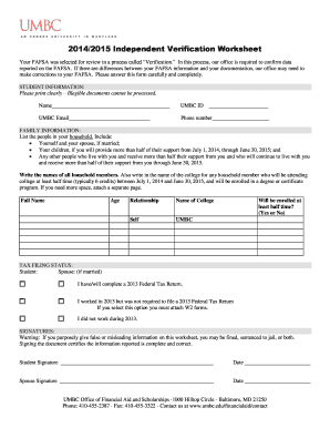 2014/2015 Independent Verification Worksheet