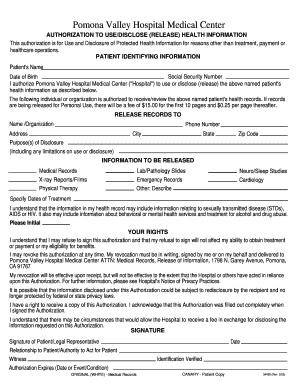 Pomona Valley Hospital Medical Center Authorization to Release Health Information