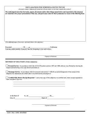 Declaration for Subpoena Duces Tecum