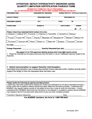 ADHD Quantity Limitation Certification Faxback Form