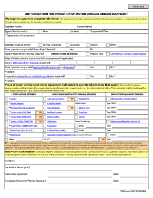Authorization for Motor Vehicle and Equipment Operation