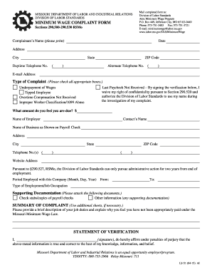 Missouri Minimum Wage Complaint Form