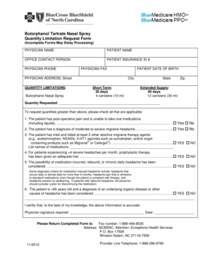 Butorphanol Tartrate Nasal Spray Quantity Limitation Request Form