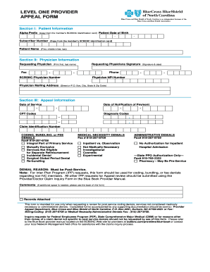 Blue Cross NC Level One Provider Appeal Form