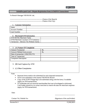 YES BANK Debit Card Dispute Form