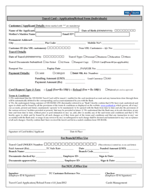 YES Bank Travel Card Application Form