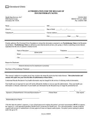 Authorization for Release of Psychotherapy Notes
