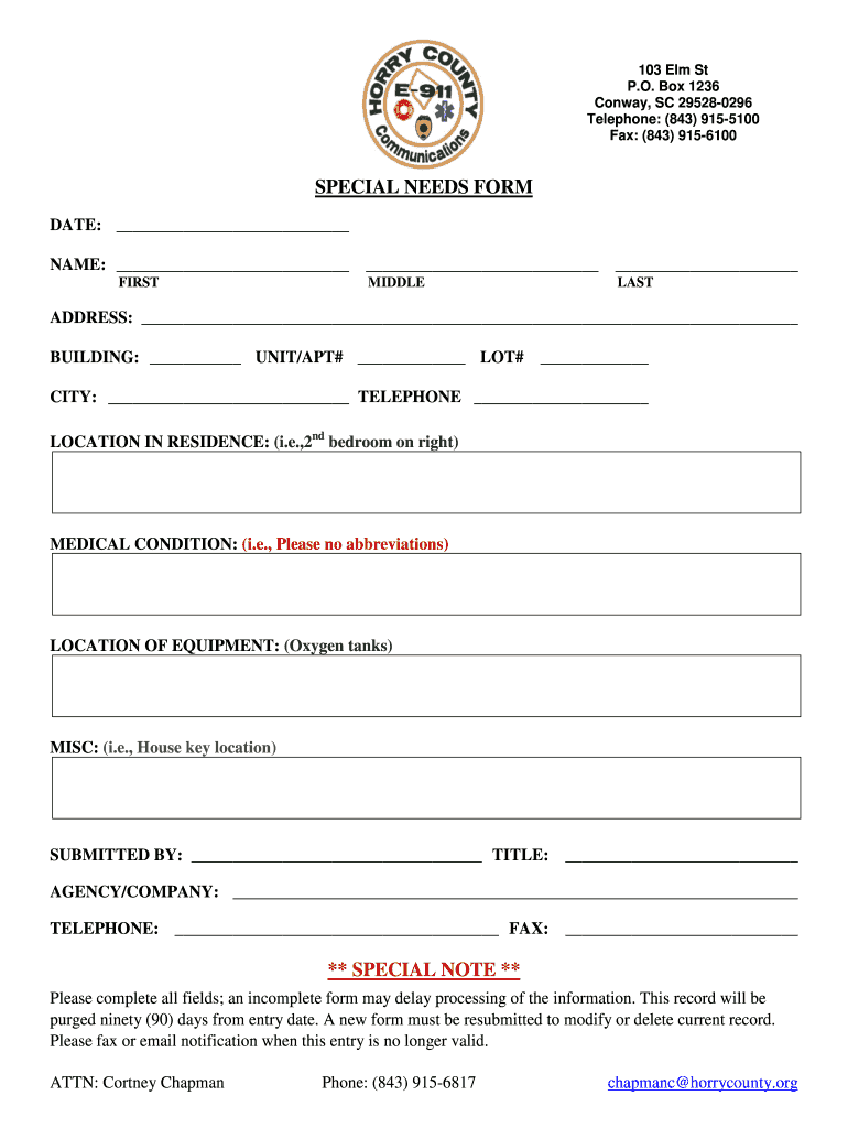 Fillable Online horrycounty Special Needs Form Horry County Fax Email