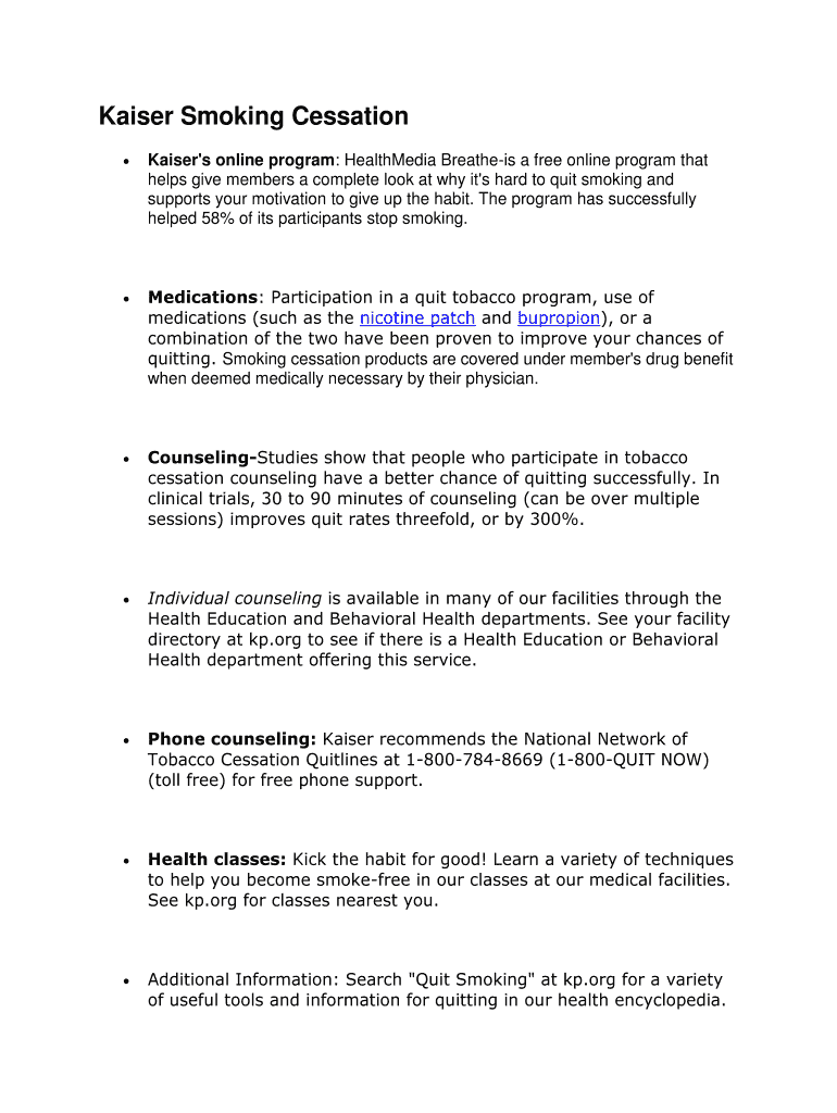Fillable Online Kaiser Smoking Cessation Fax Email Print pdfFiller