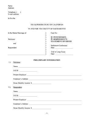 California Statement of Issues for Divorce or Legal Separation