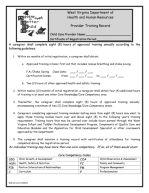 West Virginia Child Care Provider Training Record
