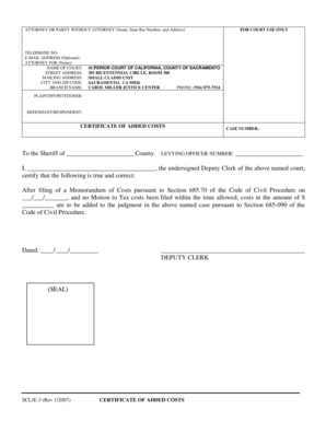 California Certificate of Added Costs