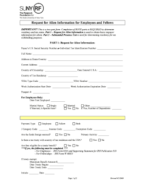 Request for Alien Information for Employees and Fellows