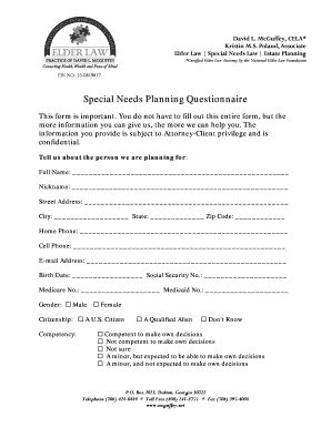 Special Needs Planning Questionnaire