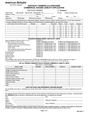 Kentucky Farmers and Ranchers Commercial Excess Liability Application