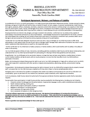 Iredell County Parks Recreation Participant Agreement