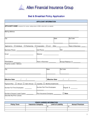 Bed & Breakfast Insurance Policy Application