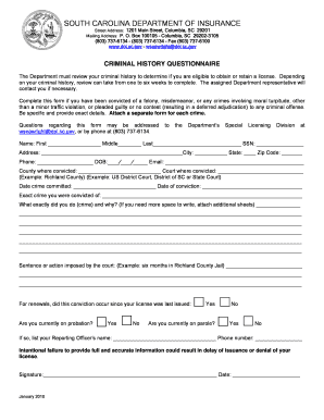 South Carolina Criminal History Questionnaire