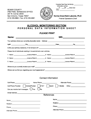 Alcohol Monitoring Personal Data Information Sheet