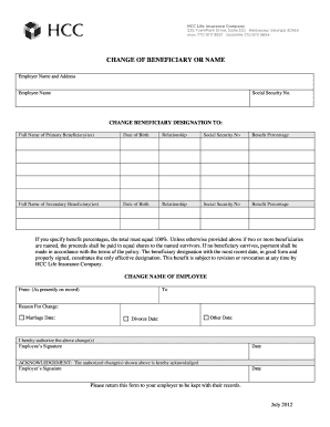 Change of Beneficiary or Name Form