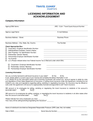 Travel Insurance Licensing Information and Acknowledgement