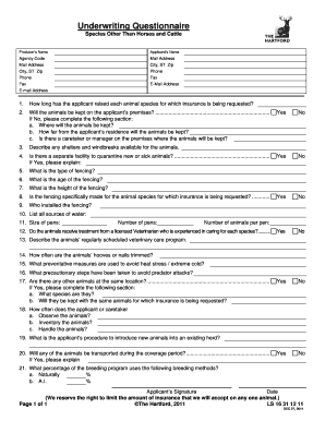 Underwriting Questionnaire for Animal Insurance