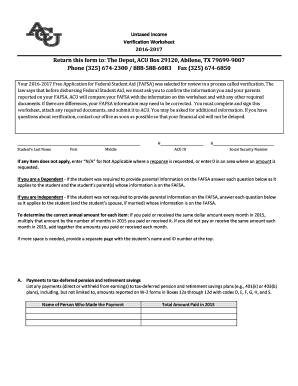 Untaxed Income Verification Worksheet 2016-2017