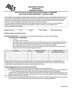 2016-2017 Verification Worksheet for FAFSA