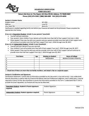 Household Verification Form 2016-2017
