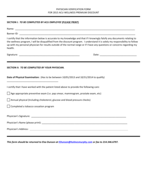 Physician Verification Form for Wellness Discount