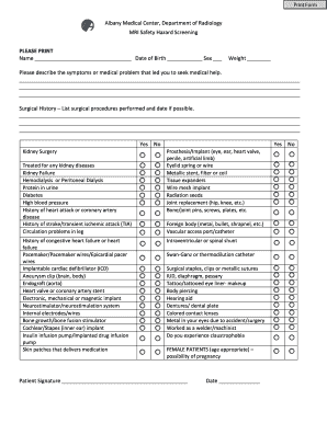 MRI Safety Hazard Screening Form