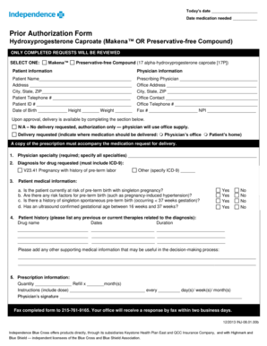 Prior Authorization Form for Hydroxyprogesterone Caproate