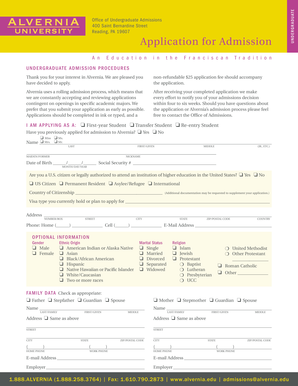 Alvernia University Undergraduate Application Form