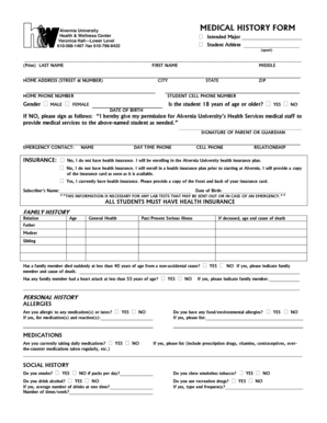 Alvernia University Medical History Form