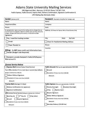 Adams State University Mailing Service Form