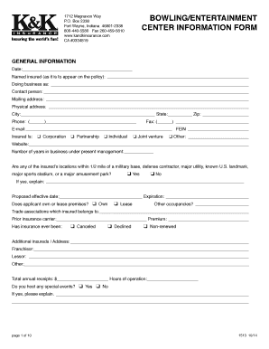 Bowling and Entertainment Center Insurance Application
