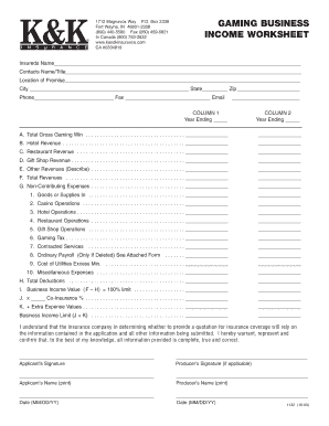 Gaming Business Income Worksheet