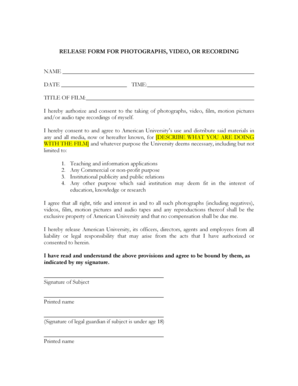 Release Form for Photographs, Video, or Recording
