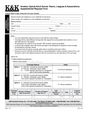 Amateur Sports Insurance Supplemental Request Form
