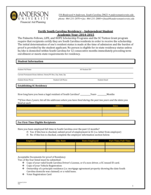 South Carolina Residency Verification Form