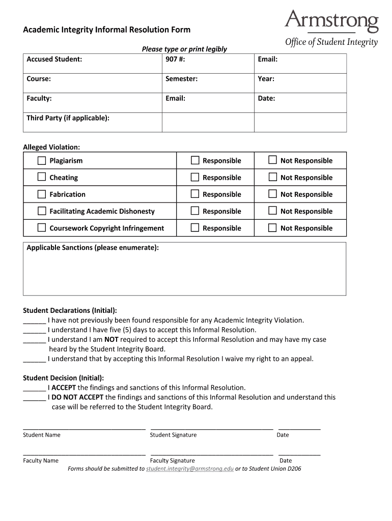 Fillable Online armstrong Academic Integrity Informal Resolution Form ...