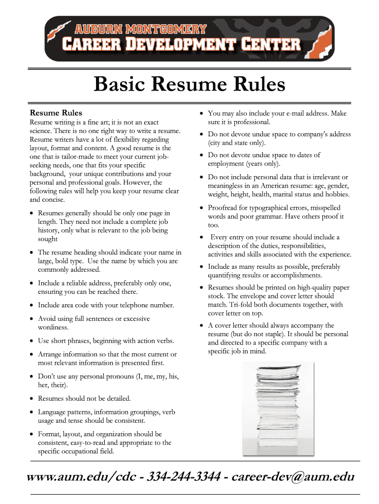 Fillable Online Basic Resume Rules - Large 