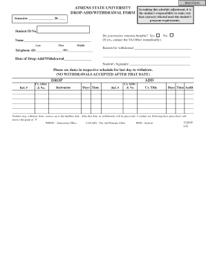 Athens State University Drop-Add/Withdrawal Form