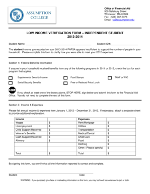 Low Income Verification Form – Independent Student