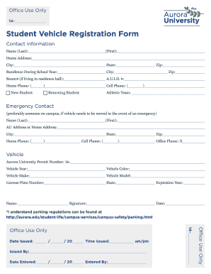 Aurora University Student Vehicle Registration Form