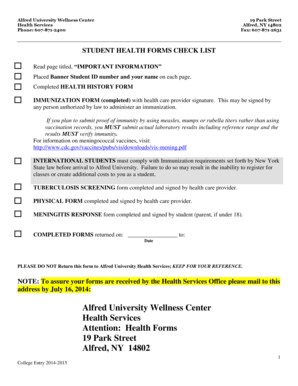 Alfred University Student Health Forms Checklist