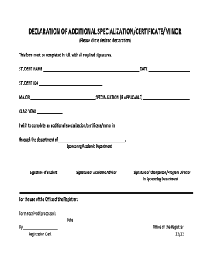 Declaration of Additional Specialization/Certificate/Minor