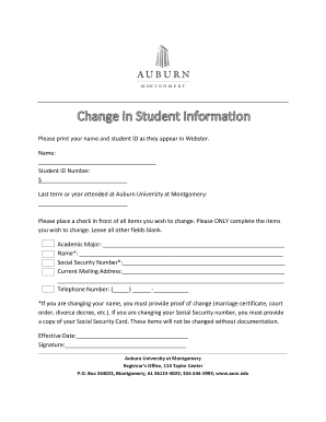 Auburn University at Montgomery Student Information Change Form