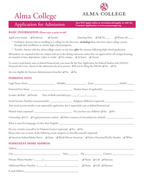 Alma College Application for Admission