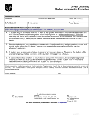 DePaul University Medical Immunization Exemption Form